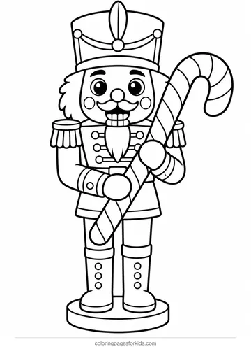 Nutcracker coloring page of a smiling toy holding a candy cane, easy black-and-white printable for ages 3-5