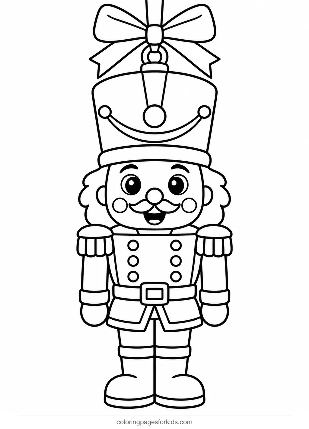 Nutcracker coloring page of a toy ornament hanging from a bow, easy printable for ages 3-5