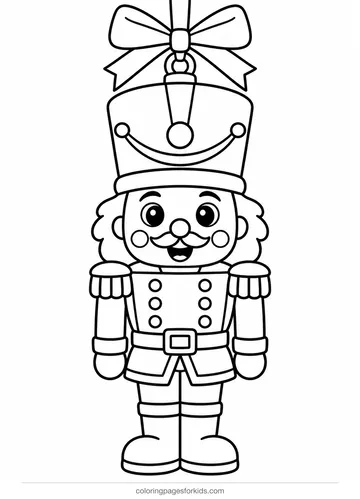 Nutcracker coloring page of a toy ornament hanging from a bow, easy printable for ages 3-5