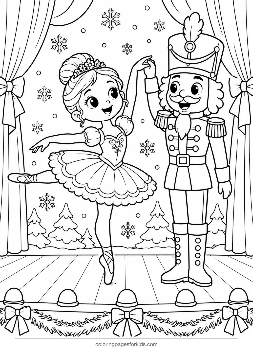 Nutcracker coloring page of a ballerina dancing beside a toy nutcracker, medium printable for ages 5-7