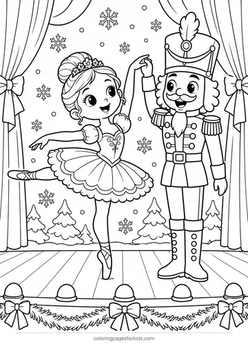 Nutcracker coloring page of a ballerina dancing beside a toy nutcracker, medium printable for ages 5-7
