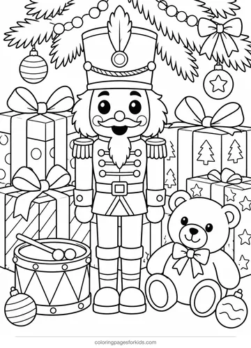 Nutcracker coloring page of a toy under a Christmas tree with gifts, medium printable for ages 5-7