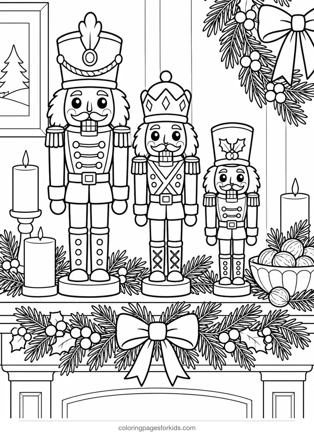Nutcracker coloring page of three toy figures on a mantel, medium black-and-white printable for ages 5-7