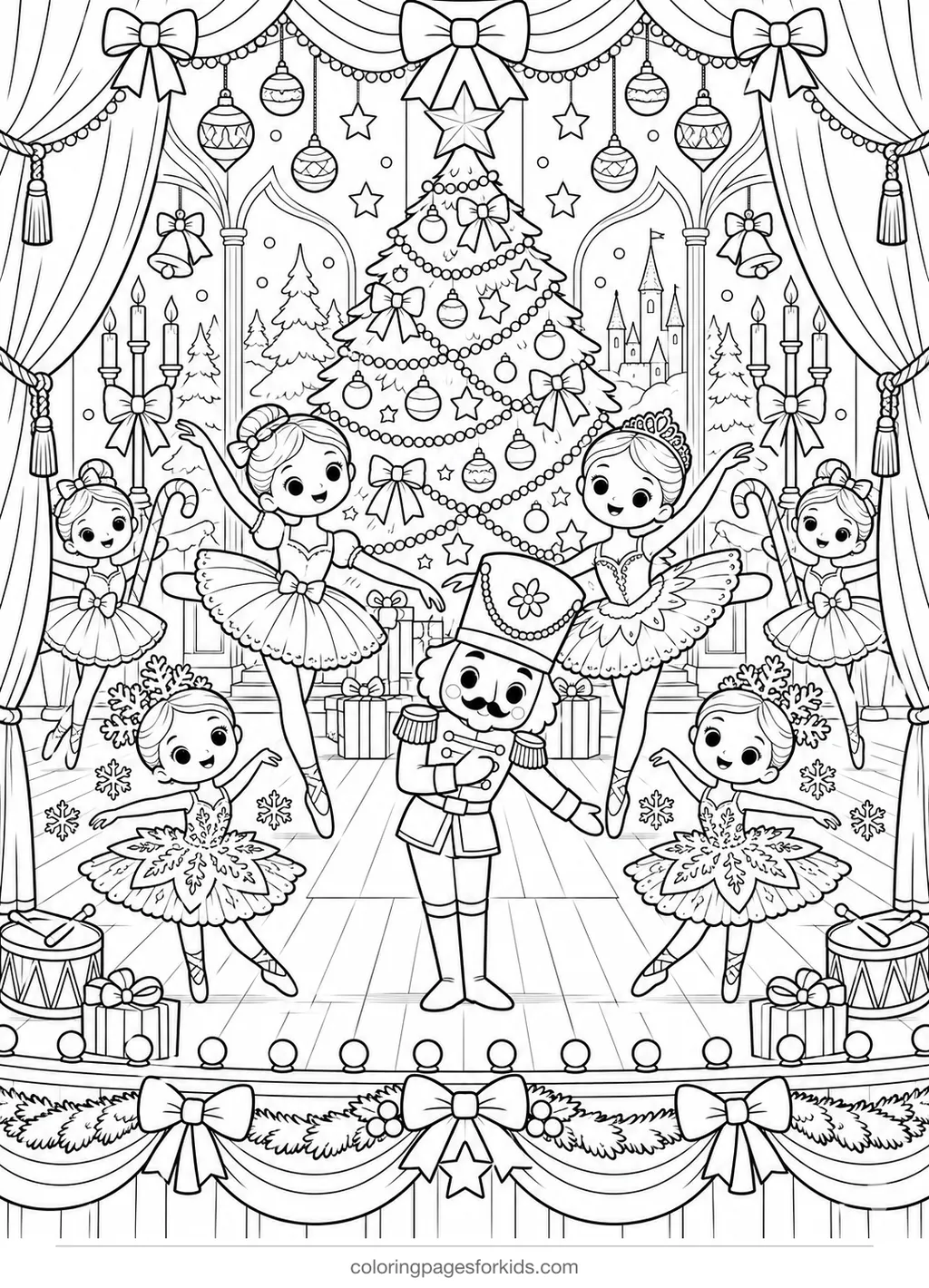 Nutcracker coloring page of a ballet stage with dancers and tree, detailed printable for ages 7-10