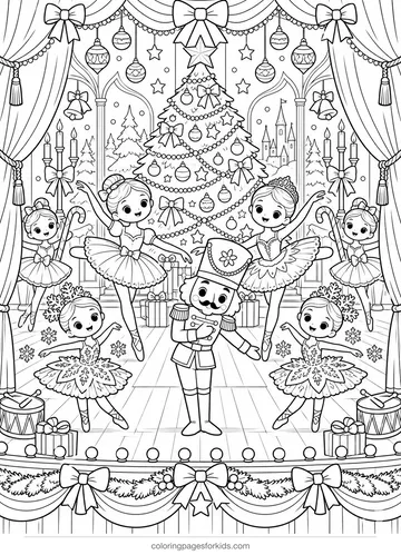 Nutcracker coloring page of a ballet stage with dancers and tree, detailed printable for ages 7-10
