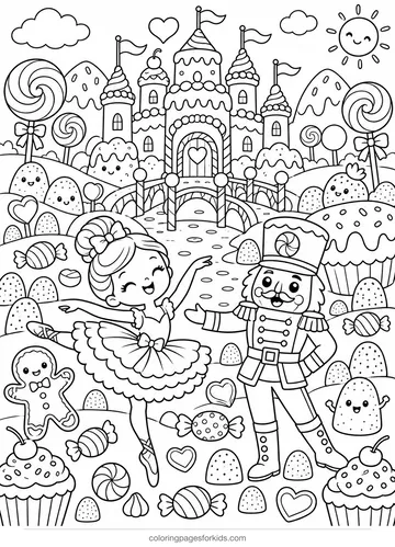 Nutcracker coloring page of a Land of Sweets candy kingdom, detailed printable for ages 7-10