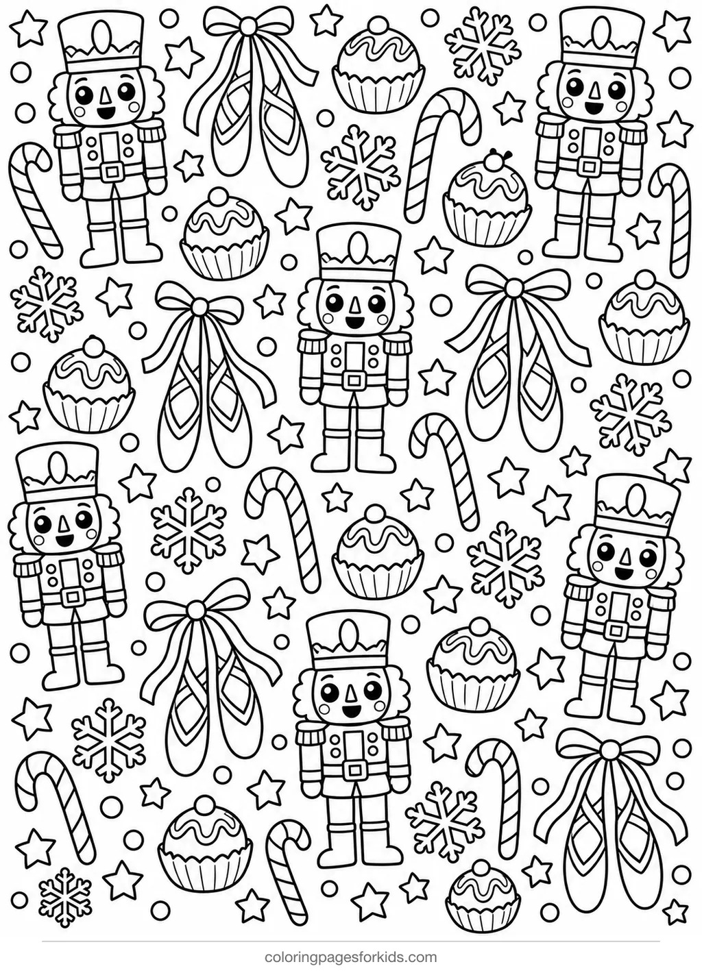 Nutcracker coloring page with a pattern of toys, slippers, candies and snowflakes, detailed printable for ages 7-10