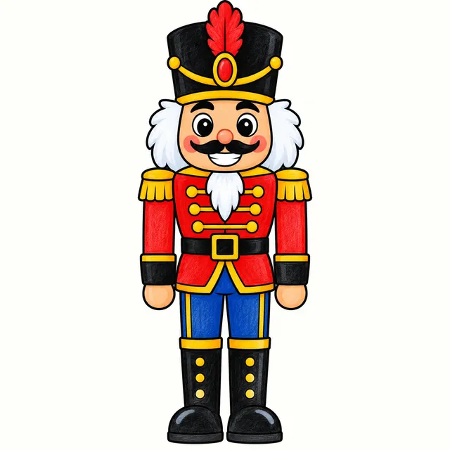 Colored example of a smiling toy nutcracker with a tall hat, jacket, belt and boots