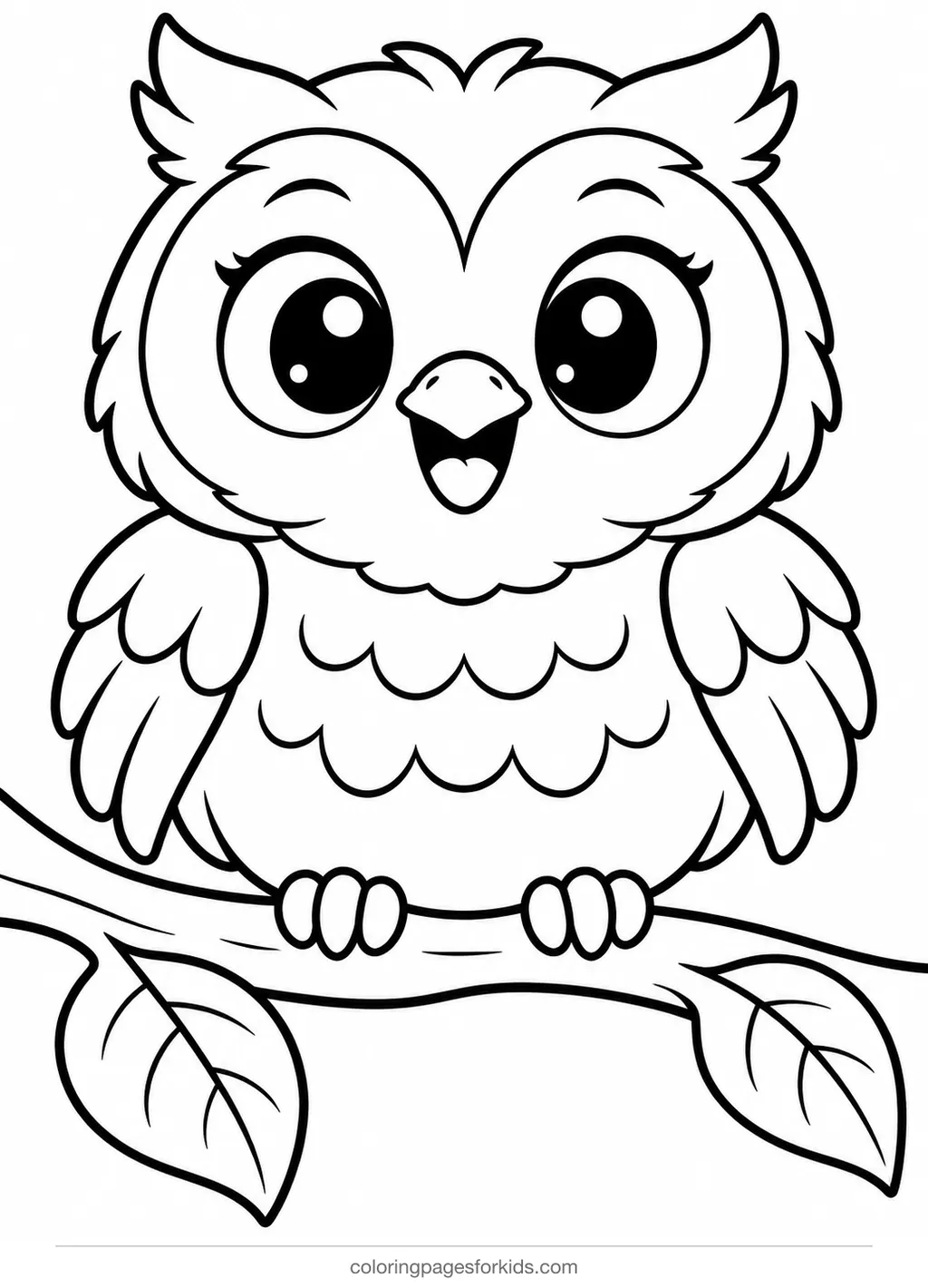 Owl coloring page of a cute owl sitting on a branch, easy black-and-white printable for ages 3-5
