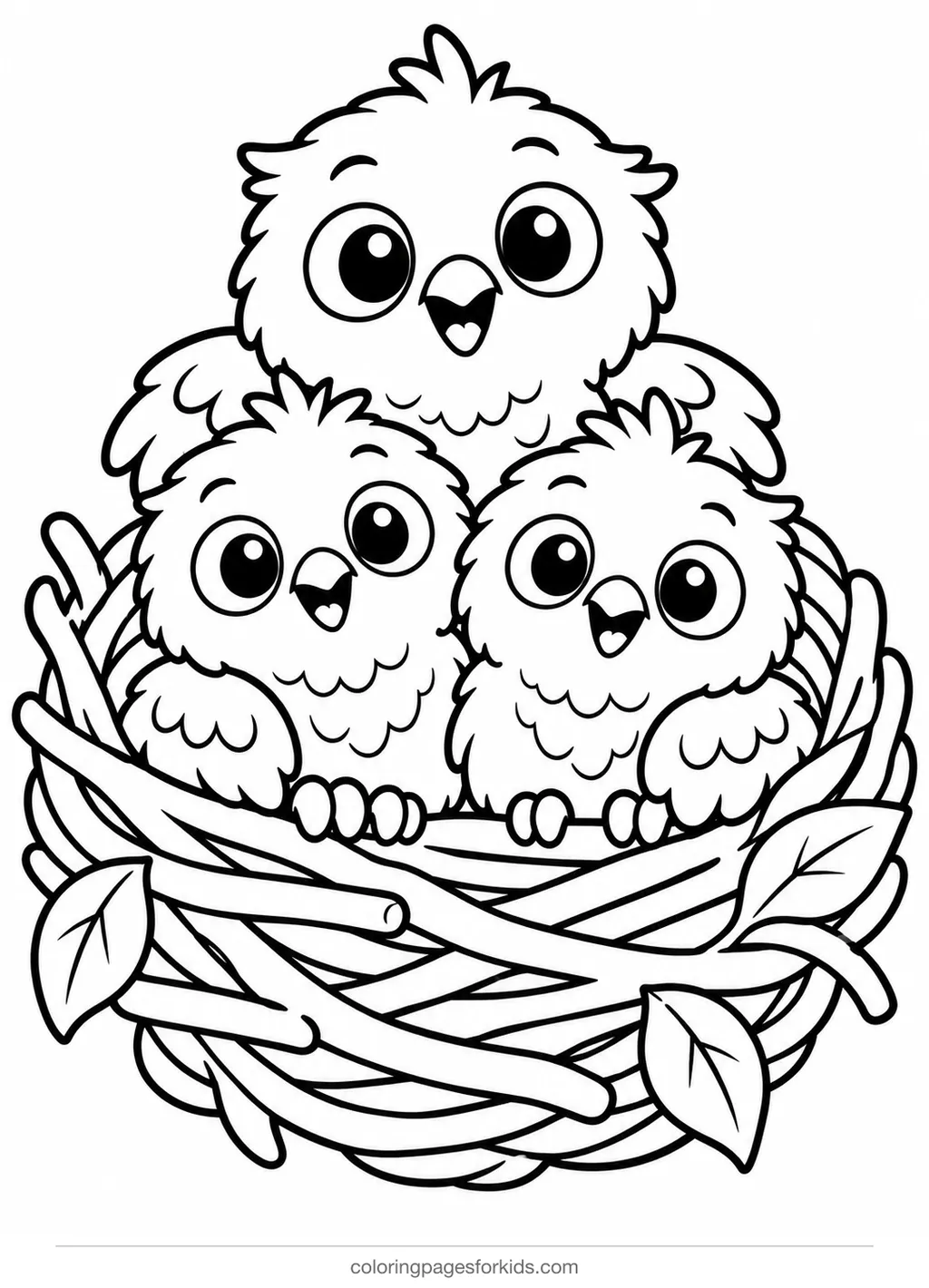 Owl coloring page of three baby owls in a nest, easy black-and-white printable for ages 3-5