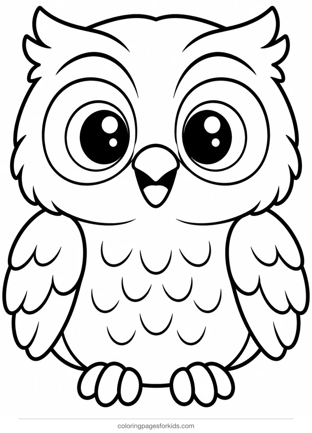 Owl coloring page of a big-eyed owl filling the page, easy black-and-white printable for ages 3-5