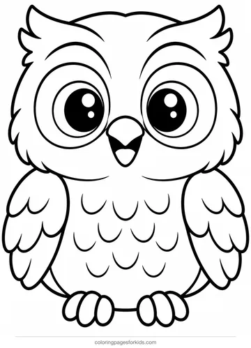 Owl coloring page of a big-eyed owl filling the page, easy black-and-white printable for ages 3-5