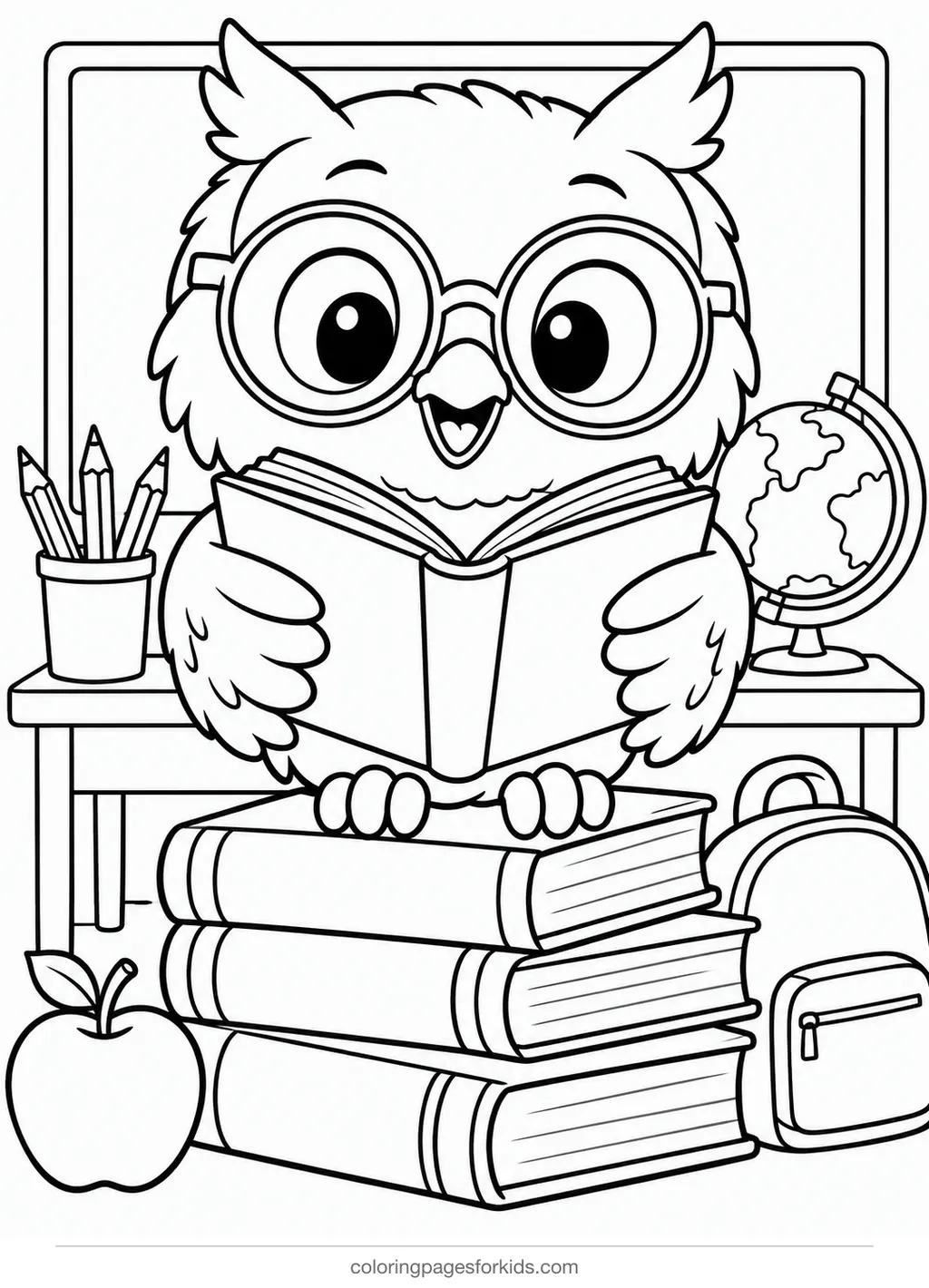 Owl coloring page of an owl with glasses reading a book, medium black-and-white printable for ages 5-7