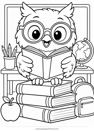Owl coloring page of an owl with glasses reading a book, medium black-and-white printable for ages 5-7