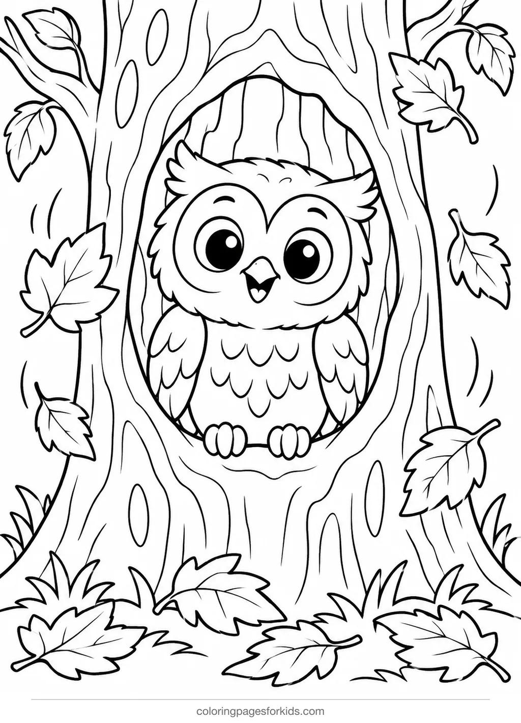 Owl coloring page of an owl in a tree hollow with falling leaves, medium printable for ages 5-7
