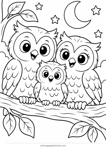 Owl coloring page of an owl family under the moon, medium black-and-white printable for ages 5-7