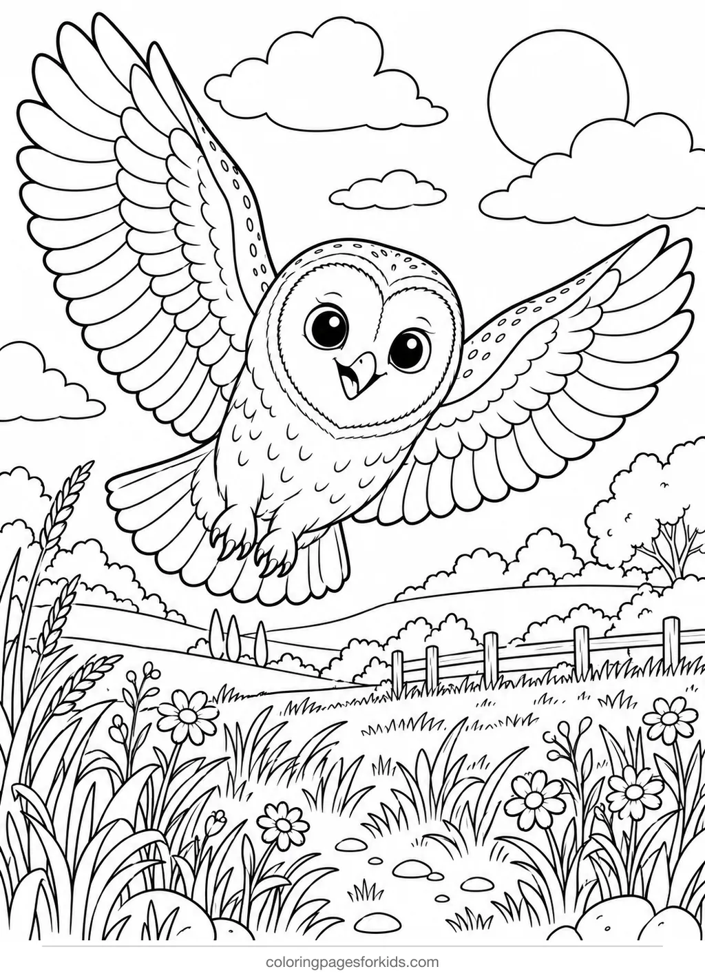 Owl coloring page of a barn owl flying over a field, detailed black-and-white printable for ages 7-10