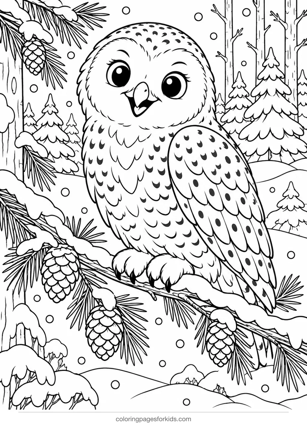 Owl coloring page of a snowy owl in a winter forest, detailed black-and-white printable for ages 7-10