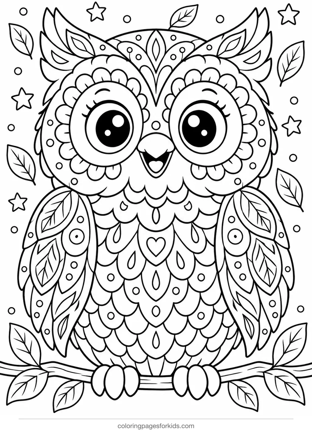 Owl coloring page of an owl filled with feather and swirl patterns, detailed printable for ages 7-10