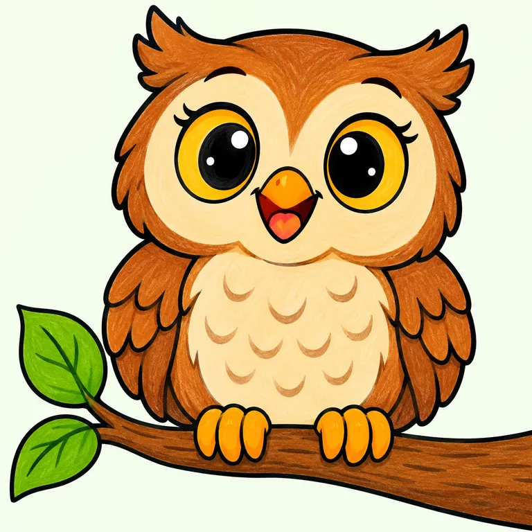 Colored cute owl on a branch example for owl coloring pages