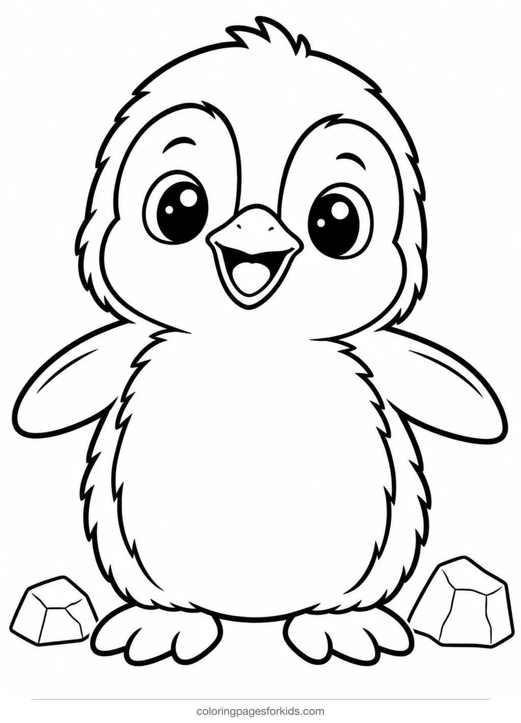 Penguin coloring page of a smiling baby penguin chick, easy black-and-white printable for ages 3-5