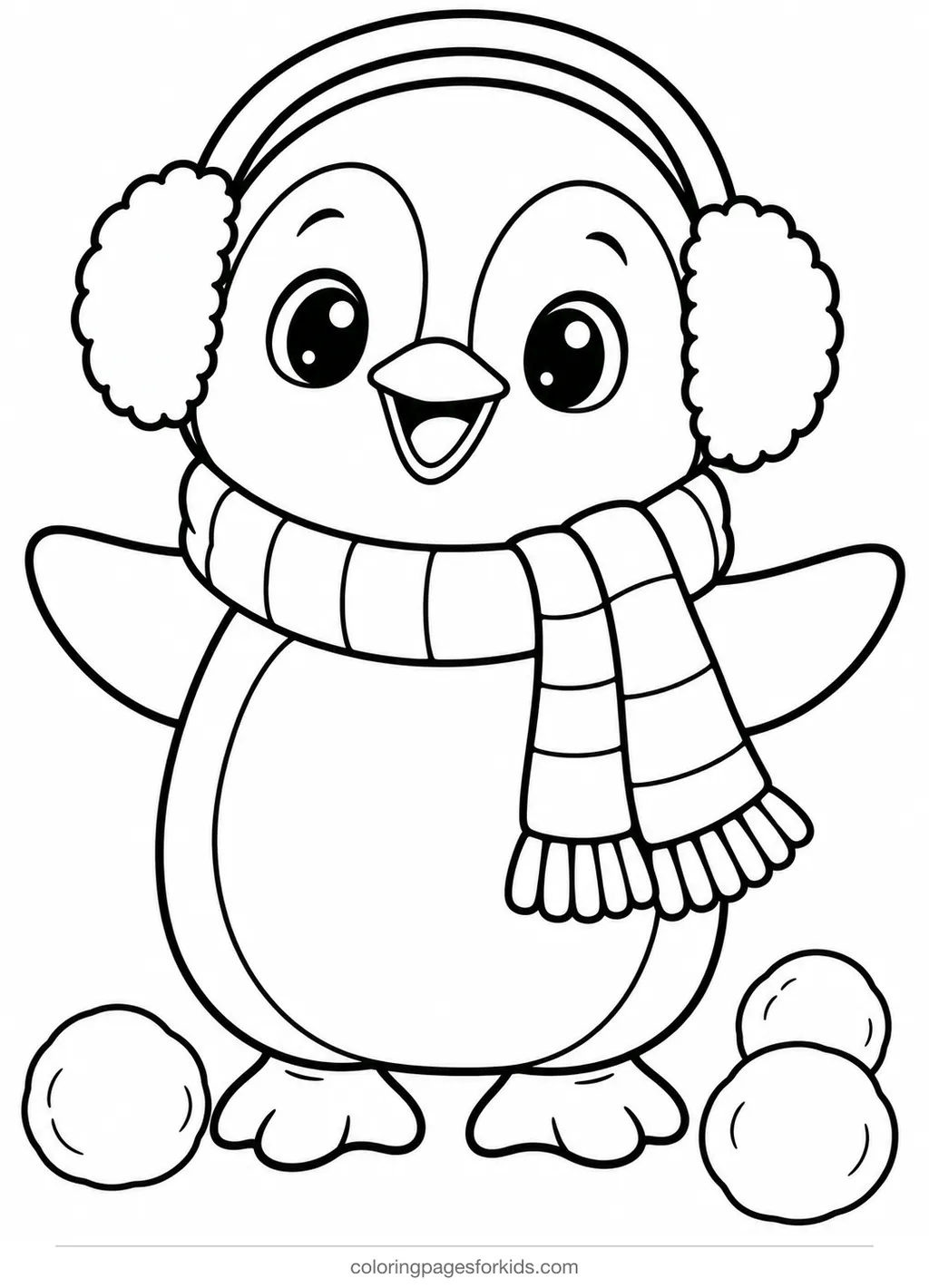 Penguin coloring page of a penguin with scarf and earmuffs, easy printable for preschoolers