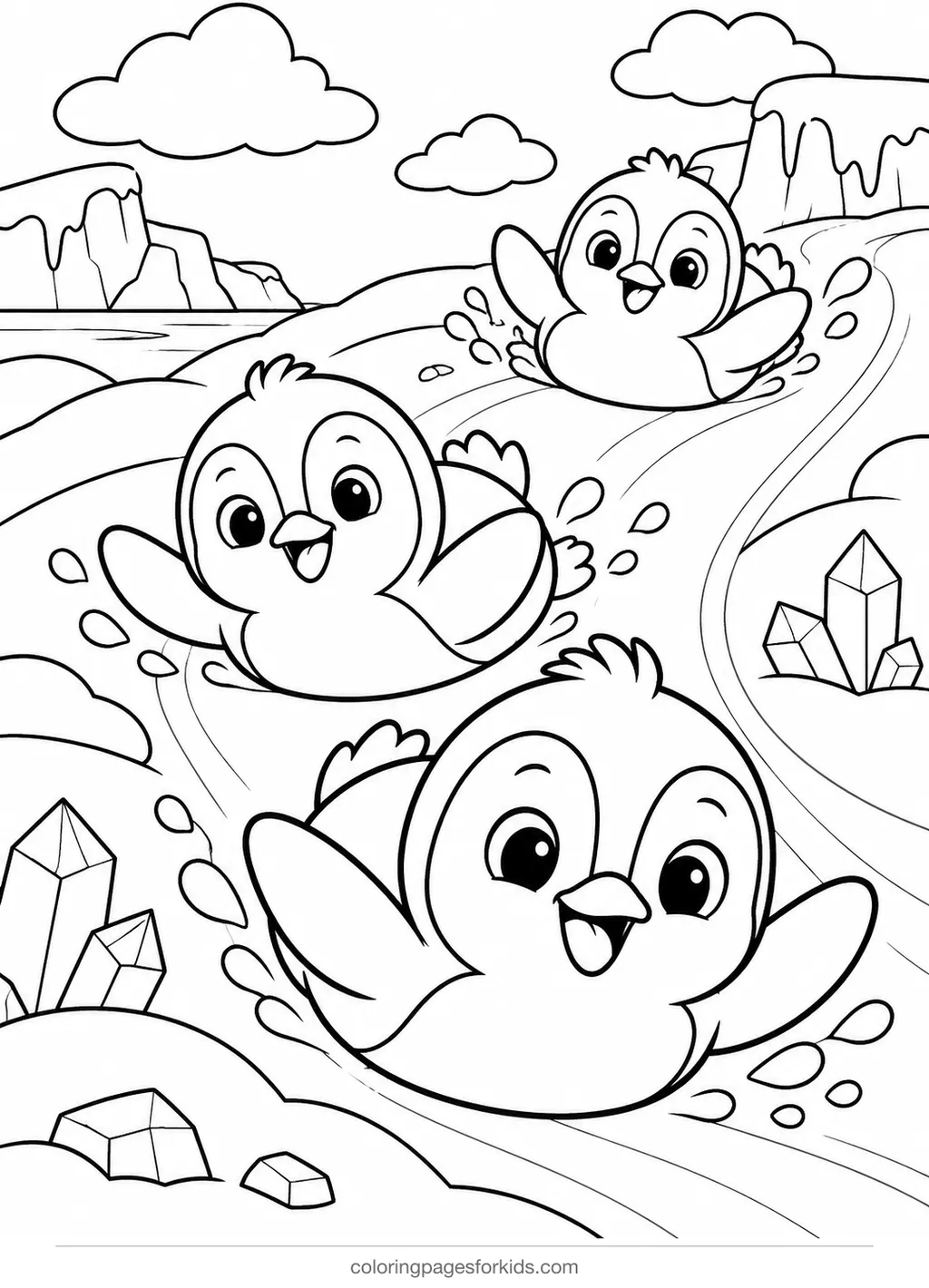 Penguin coloring page of penguins sliding on ice, medium black-and-white printable for ages 5-7