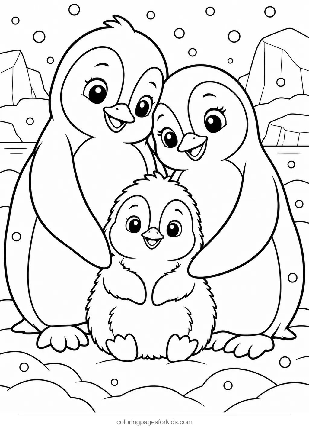 Penguin coloring page of two adults and a chick huddled in snow, medium printable for ages 5-7