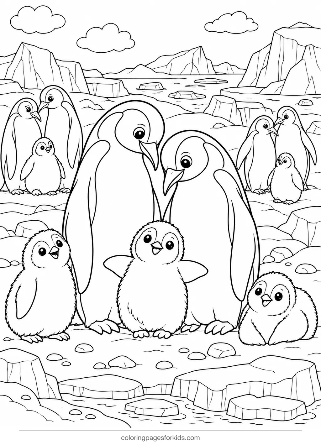 Emperor penguin coloring page of a colony on ice, detailed printable for ages 7-10