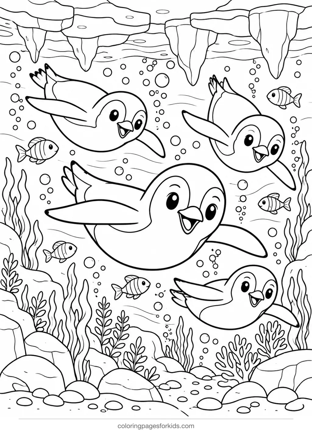 Penguin coloring page of penguins swimming with fish and bubbles, detailed printable for ages 7-10