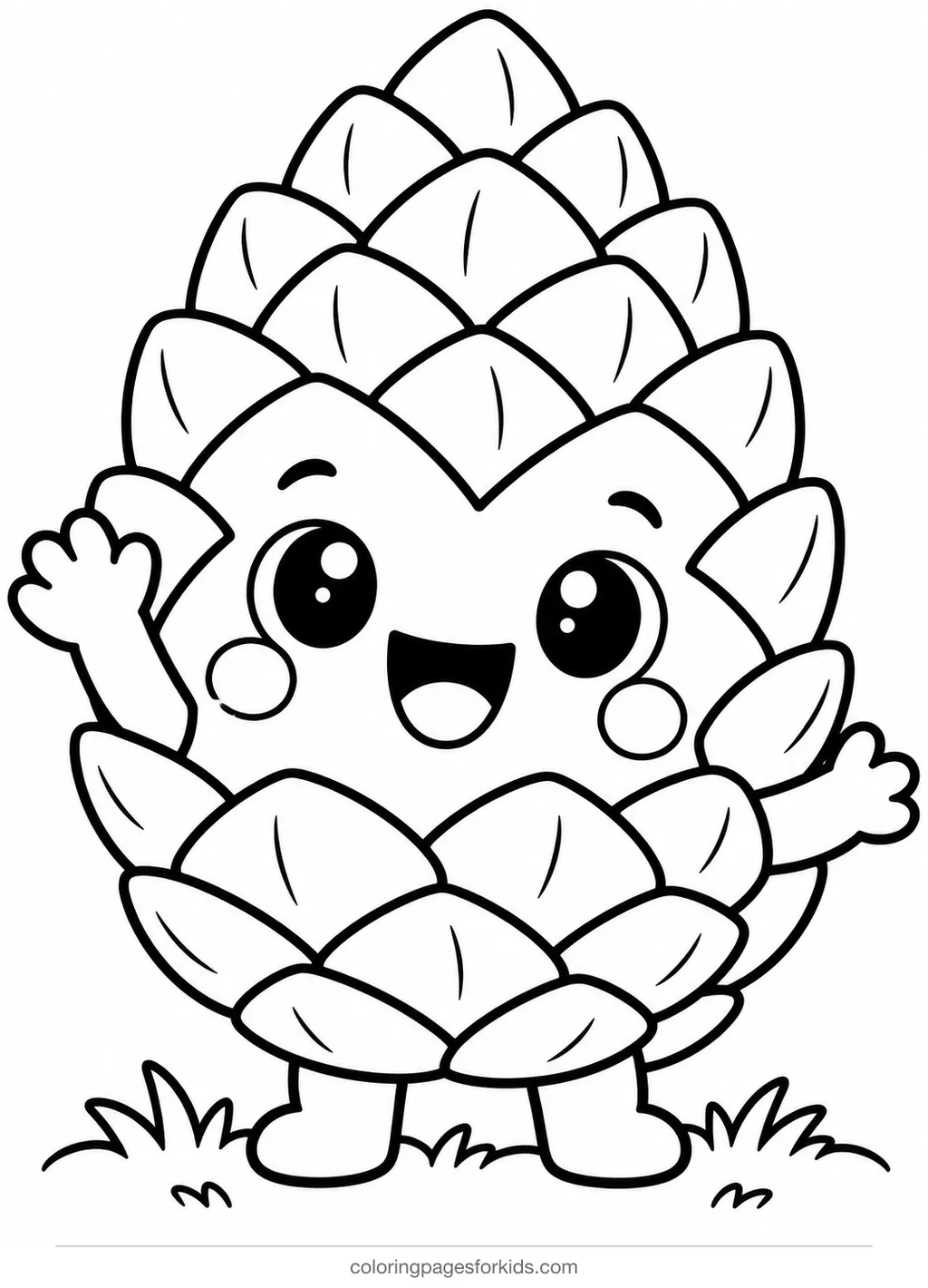 Pinecone coloring page of a smiling kawaii pinecone, easy printable for ages 3-5