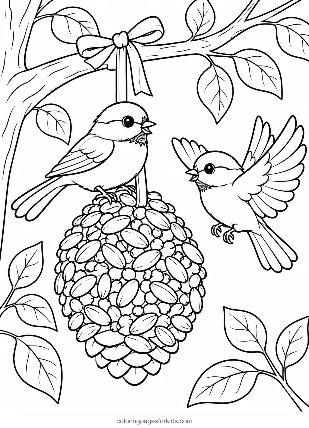 Pinecone coloring page of a bird feeder with two birds, medium printable for ages 5-7