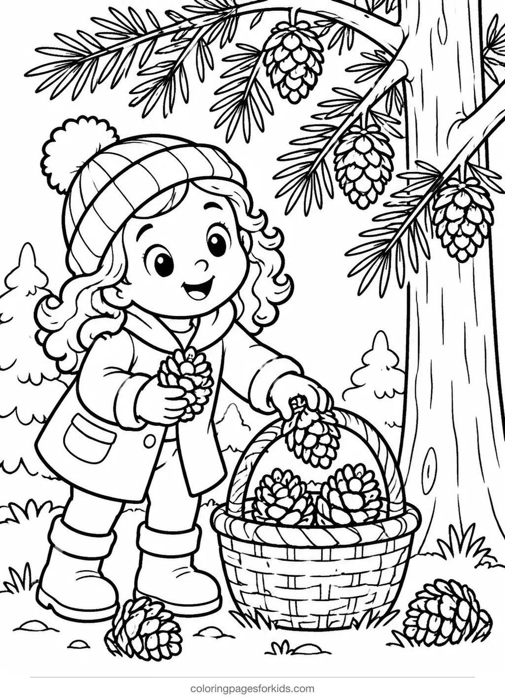 Pinecone coloring page of a child collecting pinecones, medium printable for ages 5-7