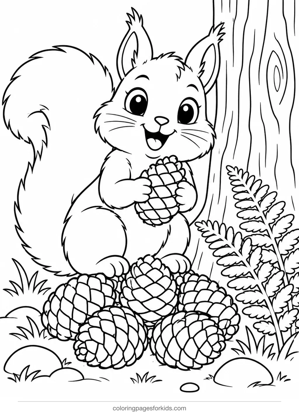 Pinecone coloring page of a squirrel on pinecones, medium printable for ages 5-7