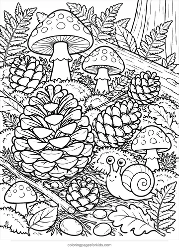 Pinecone coloring page of forest floor with mushrooms, detailed printable for ages 7-10
