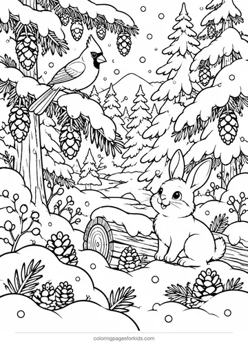 Pinecone coloring page of snowy pine forest, detailed printable for ages 7-10