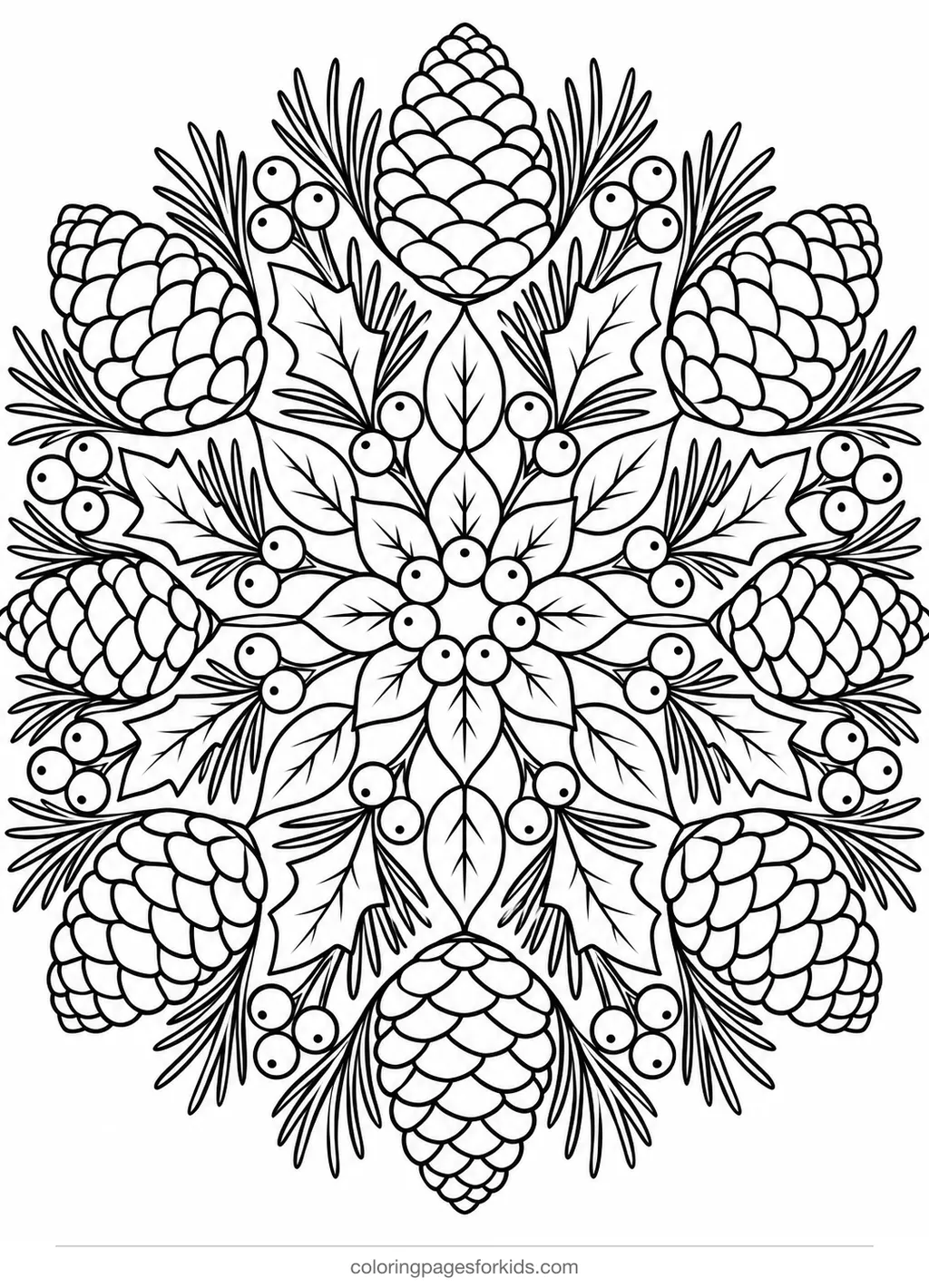 Pinecone coloring page of a pine needle mandala, detailed printable for ages 7-10
