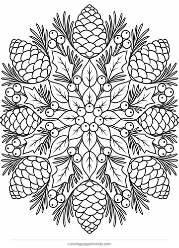 Pinecone coloring page of a pine needle mandala, detailed printable for ages 7-10