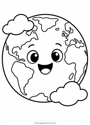 Planet coloring page of a smiling Earth globe, easy black-and-white printable for ages 3-5