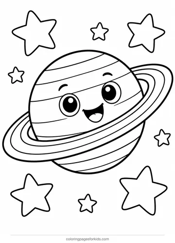 Planet coloring page of smiling Saturn with rings, easy black-and-white printable for ages 3-5