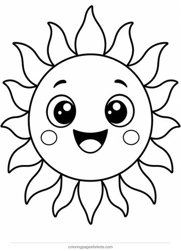 Space coloring page of a smiling Sun with rays, easy black-and-white printable for ages 3-5
