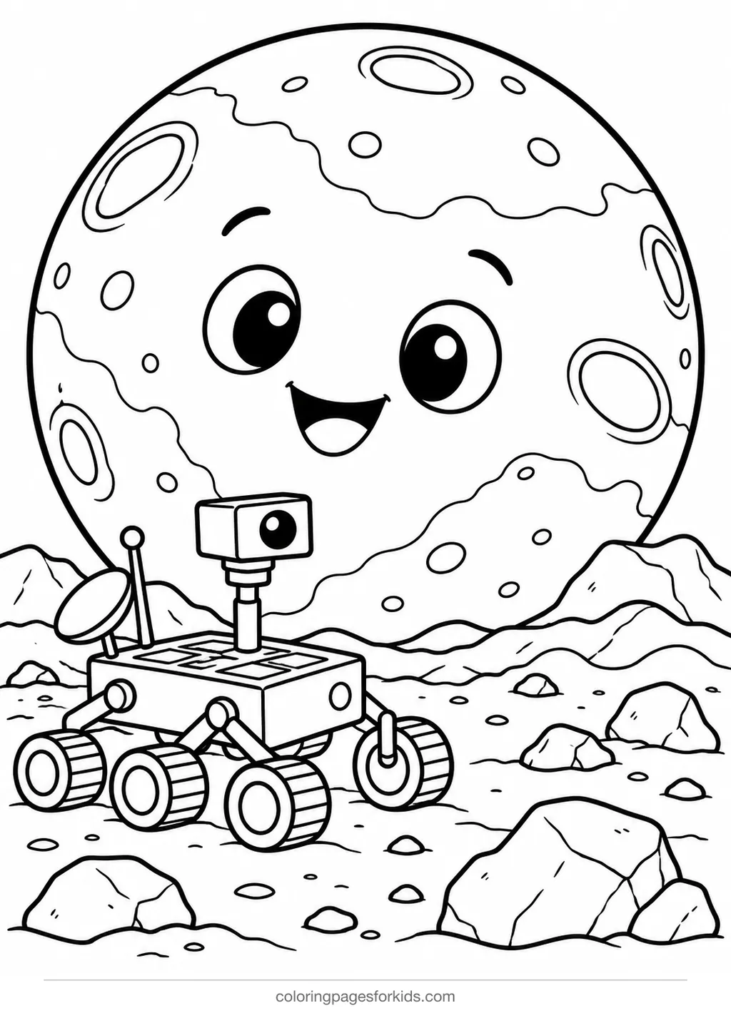Planet coloring page of Mars with a small rover, medium black-and-white printable for ages 5-7