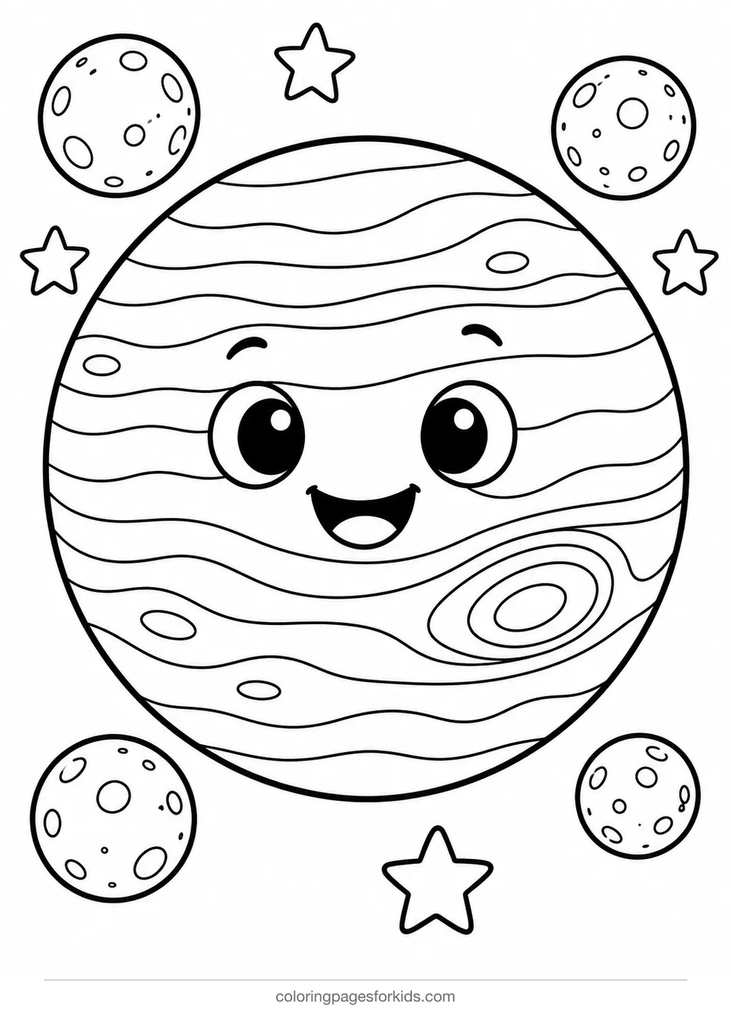 Planet coloring page of Jupiter with moons, medium black-and-white printable for ages 5-7
