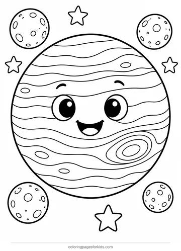 Planet coloring page of Jupiter with moons, medium black-and-white printable for ages 5-7