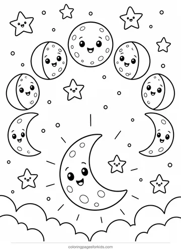 Moon phases coloring page with simple moon shapes, medium black-and-white printable for ages 5-7