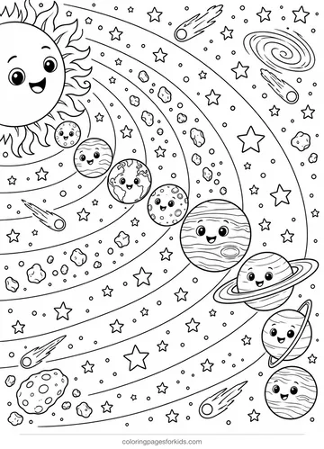 Solar system coloring page with Sun and eight planets, detailed printable for ages 7-10