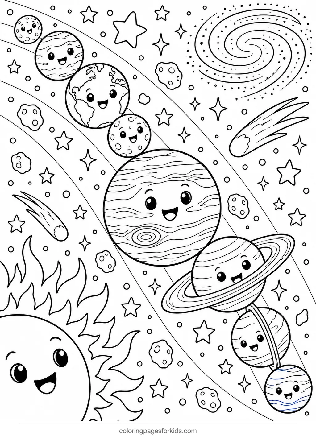 Planets size comparison coloring page, detailed black-and-white printable for ages 7-10
