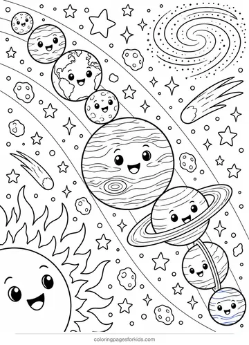 Planets size comparison coloring page, detailed black-and-white printable for ages 7-10