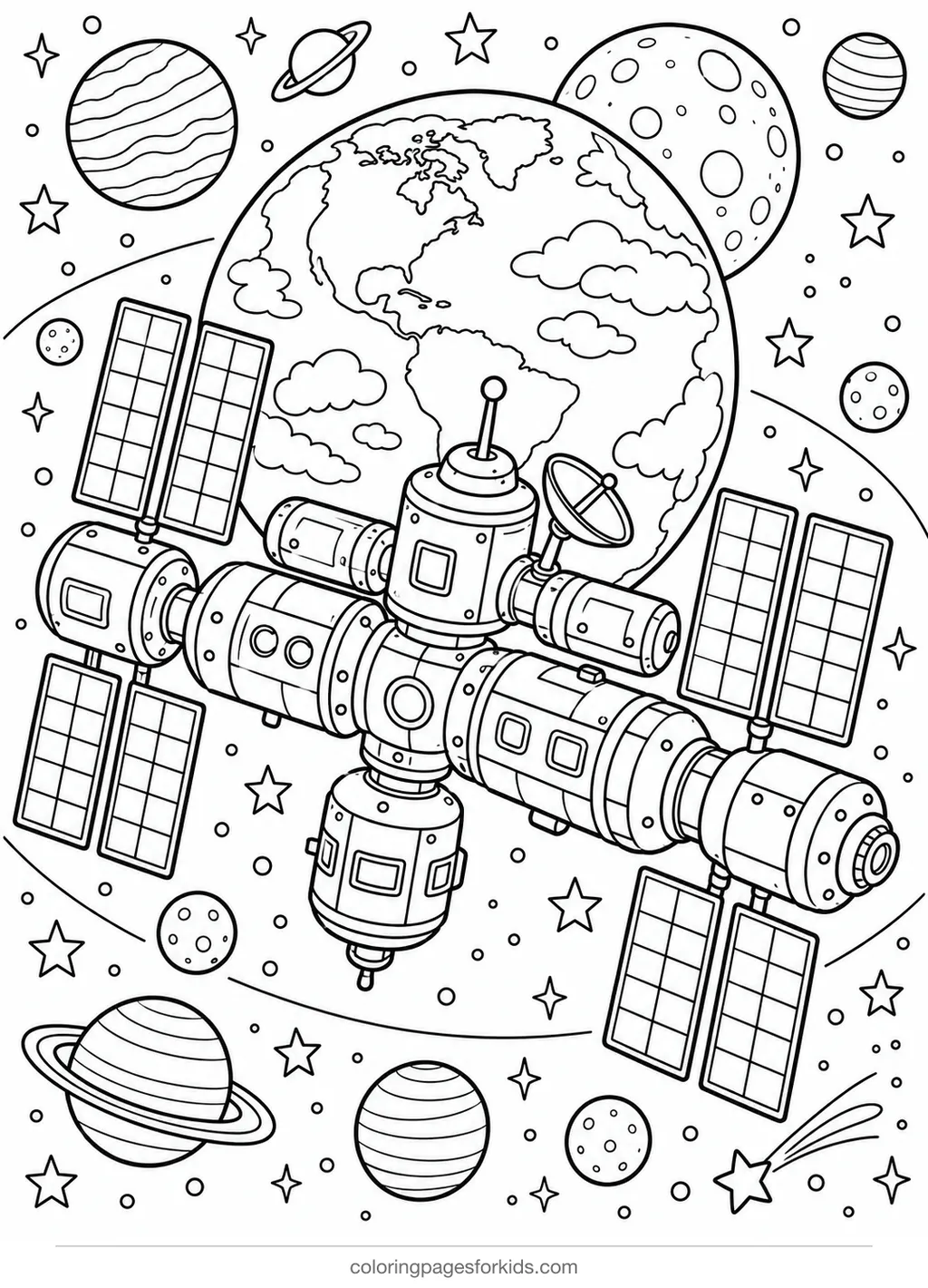 Space station and planets coloring page, detailed black-and-white printable for ages 7-10