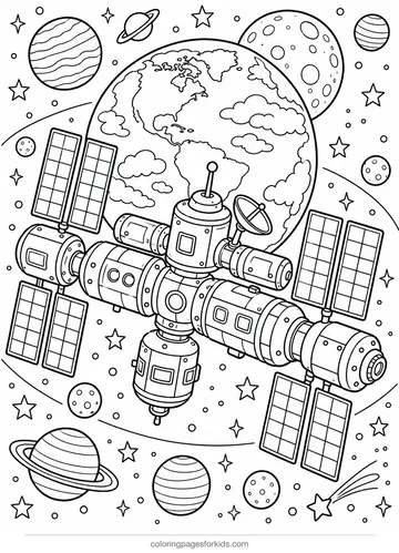 Space station and planets coloring page, detailed black-and-white printable for ages 7-10